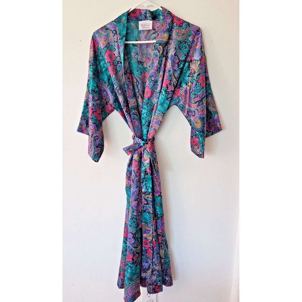 Vintage California Dynasty Robe Floral Paisley Silky Satin Kimono USA Medium